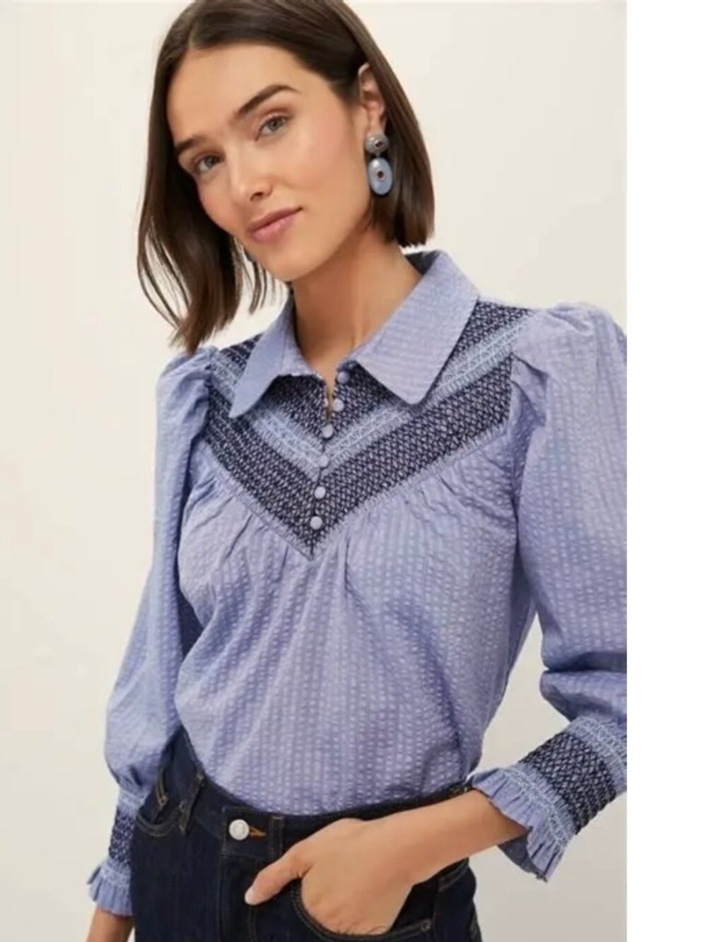 POMANDER PLACE Smocked Vail blouse NWT XXS 2xs blue seersucker TUCKERNUCK